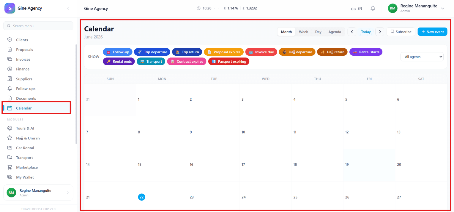 Calendar view showing events across multiple categories with month / week / day toggles