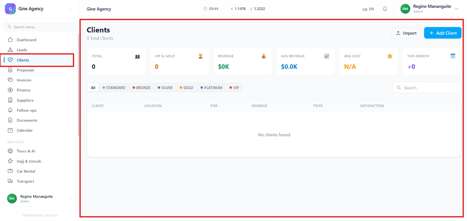 Clients overview dashboard with metric cards and client table