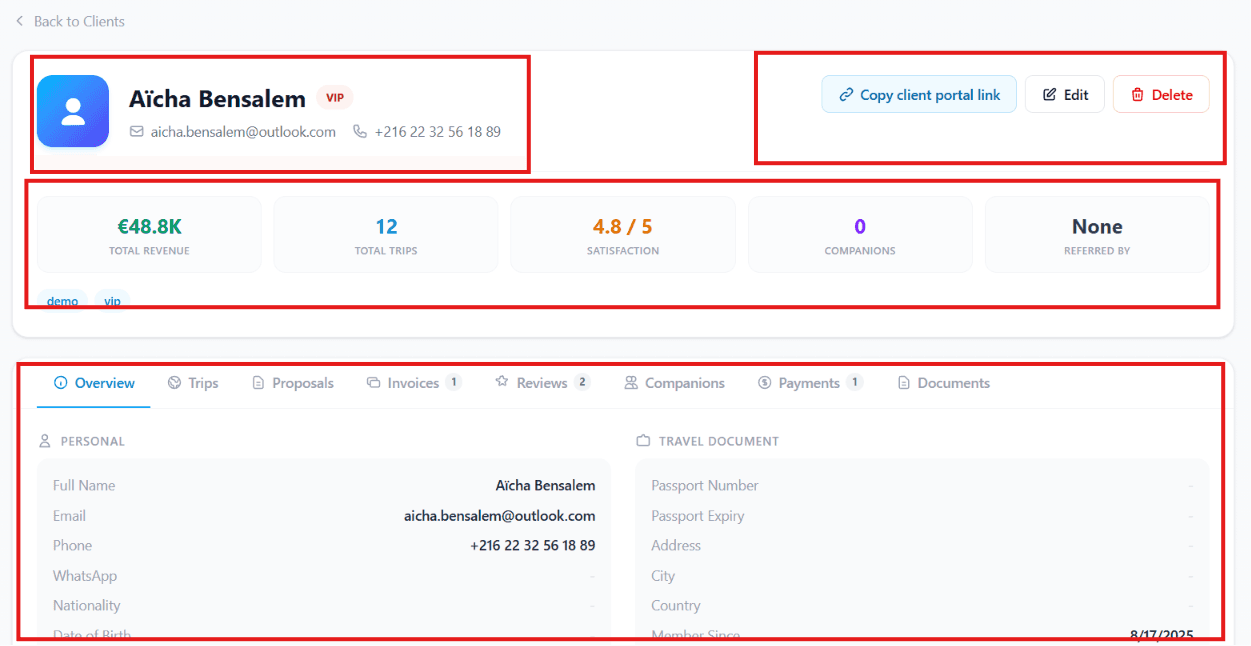 Client profile page showing contact details, tabs, and customer dashboard