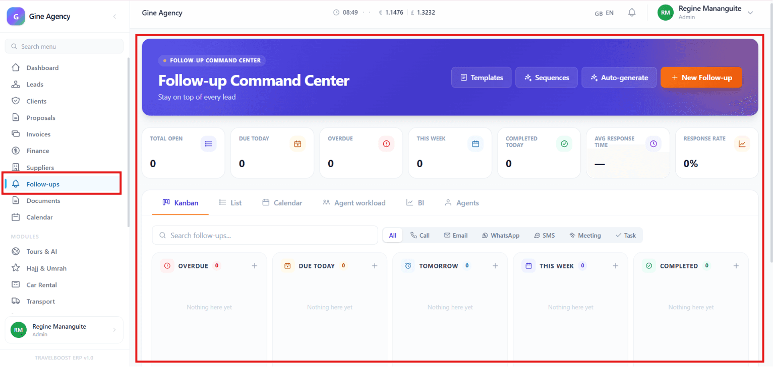 Follow-ups main dashboard with action buttons and metric cards