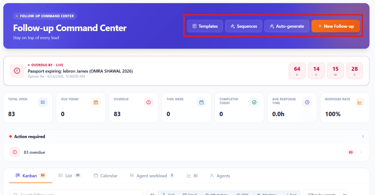 Quick action buttons — Templates, Sequences, Auto-generate, + New Follow-up