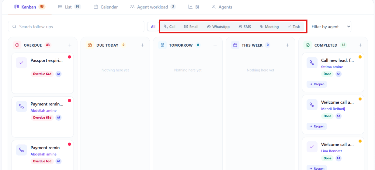 Tasks grouped by timeline — Overdue, Due Today, Tomorrow, This Week, Completed