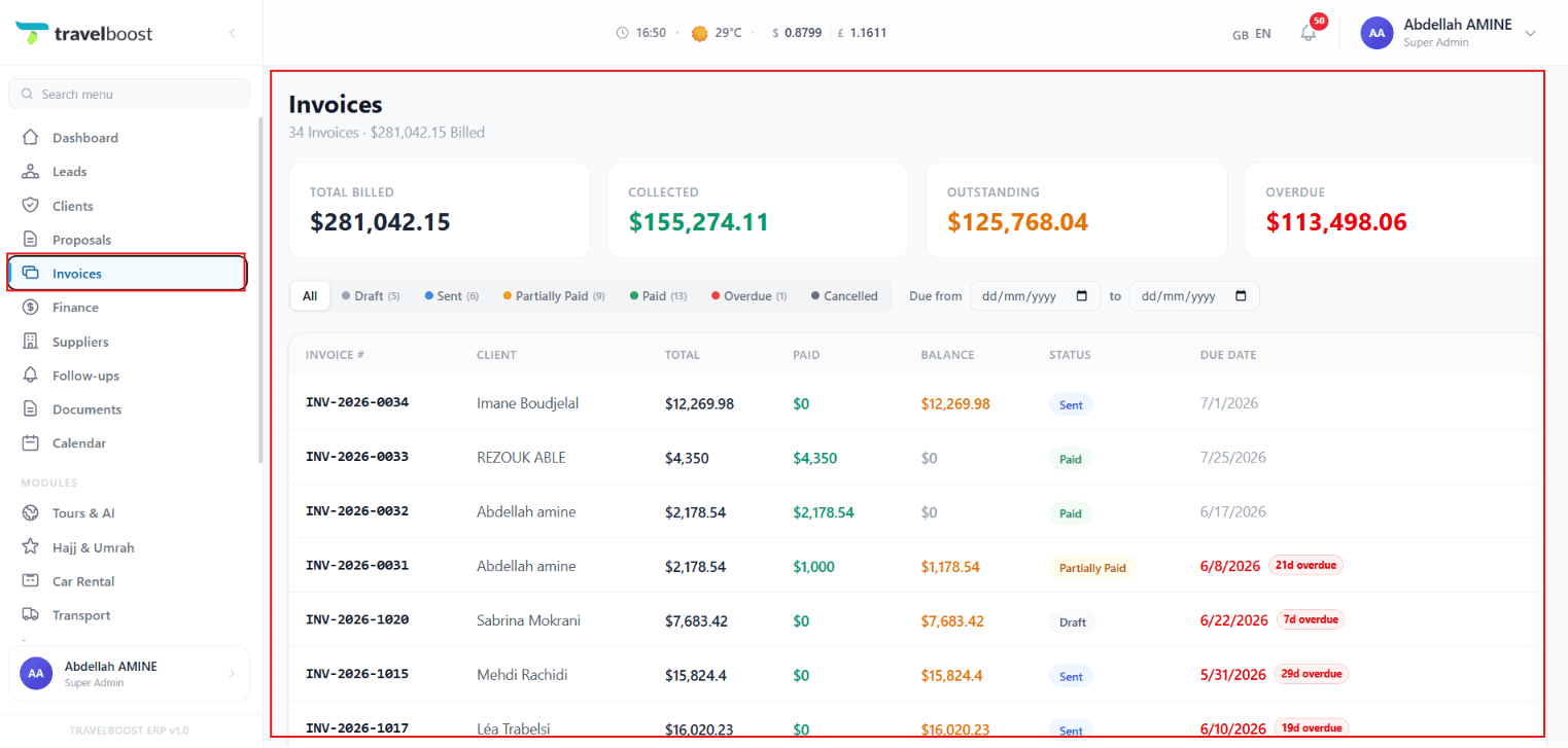 Invoices dashboard with KPI cards and invoice list
