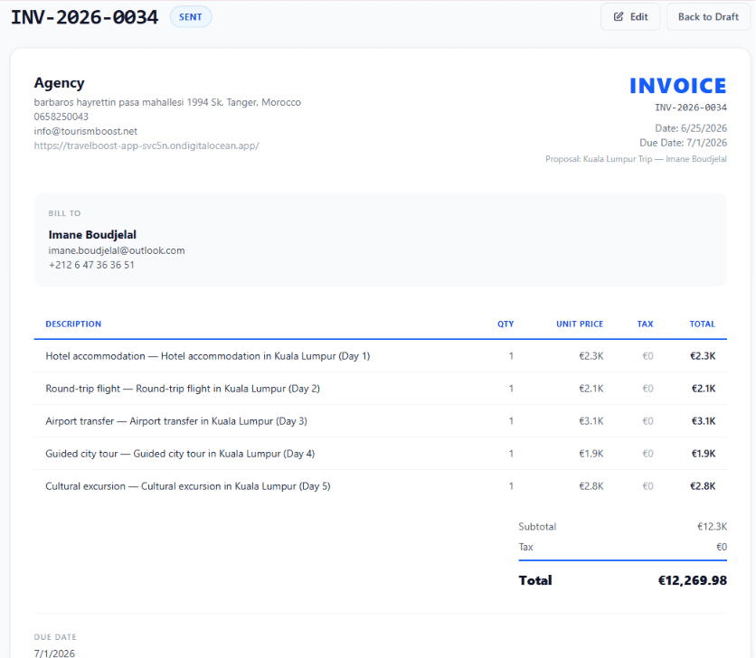 Invoice header showing invoice number, status, agency info, dates, client info