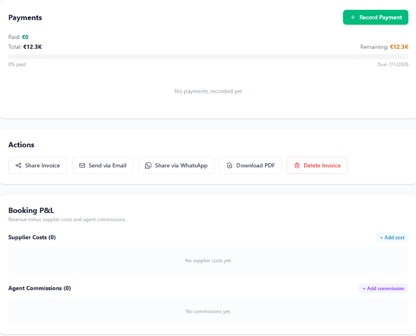 Payment tracking section with Paid, Total, Remaining Balance, Progress bar, Due Date