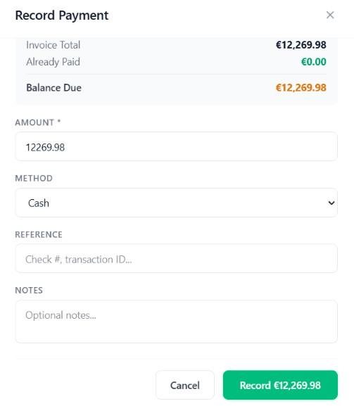 Record Payment modal with amount, method, reference, notes