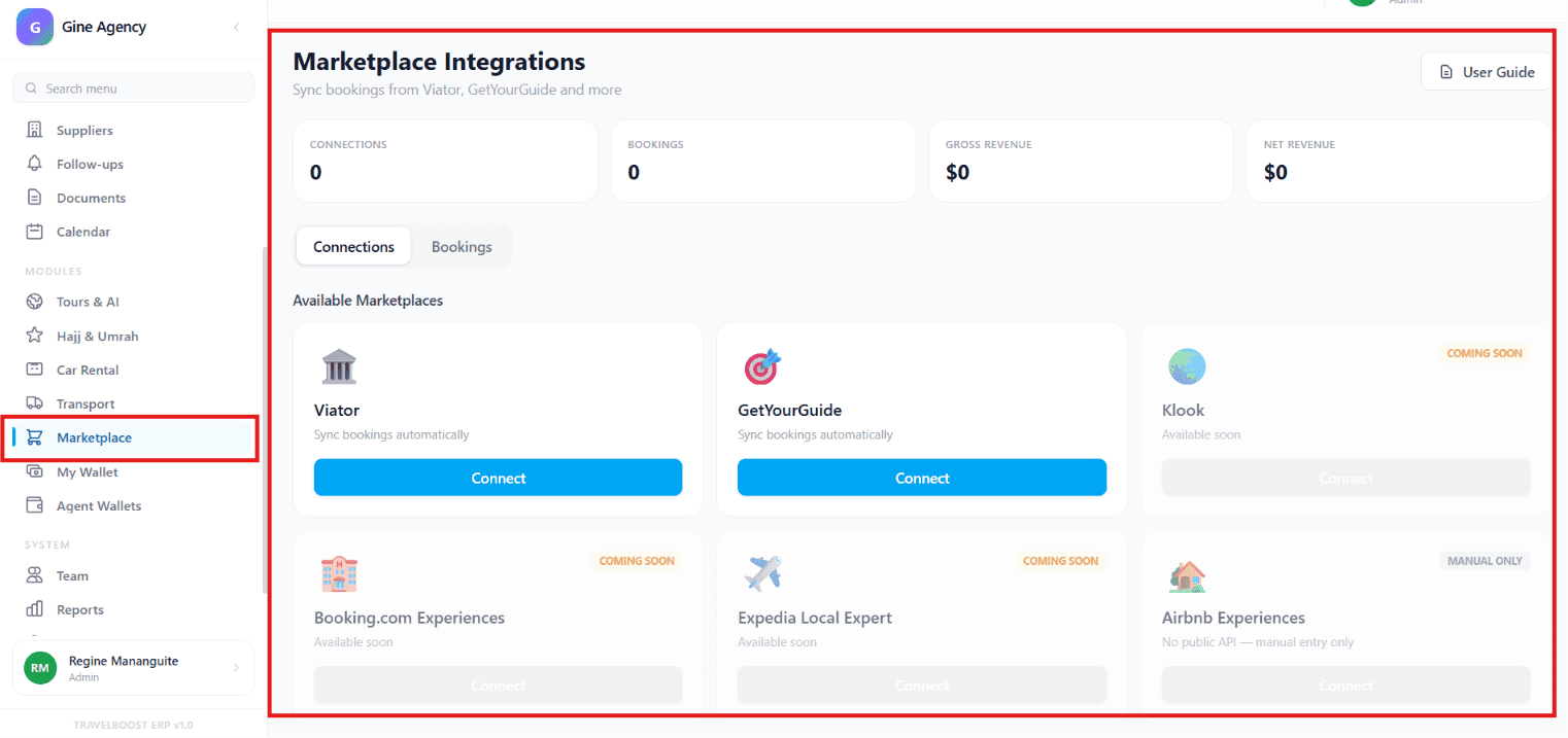 Marketplace dashboard showing connections, bookings, gross and net revenue