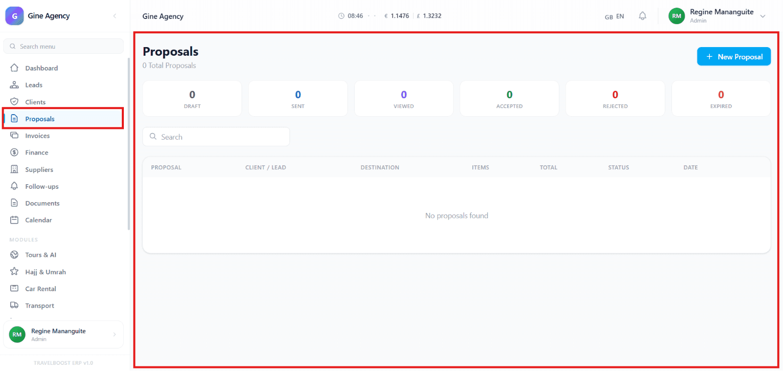 Proposals dashboard overview with status filters and proposal list