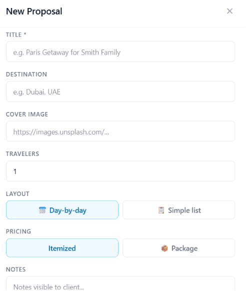 New proposal modal with fields for title, destination, cover image, travelers, layout, pricing