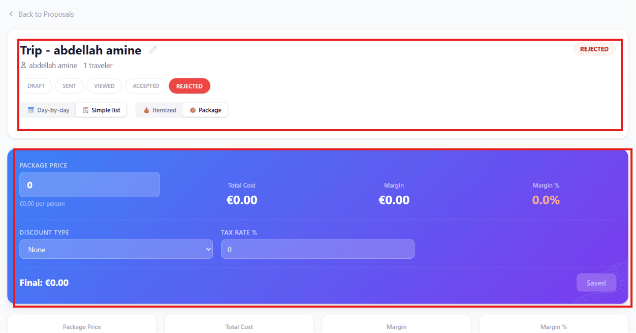 Proposal details page header with title, client, status, and action buttons
