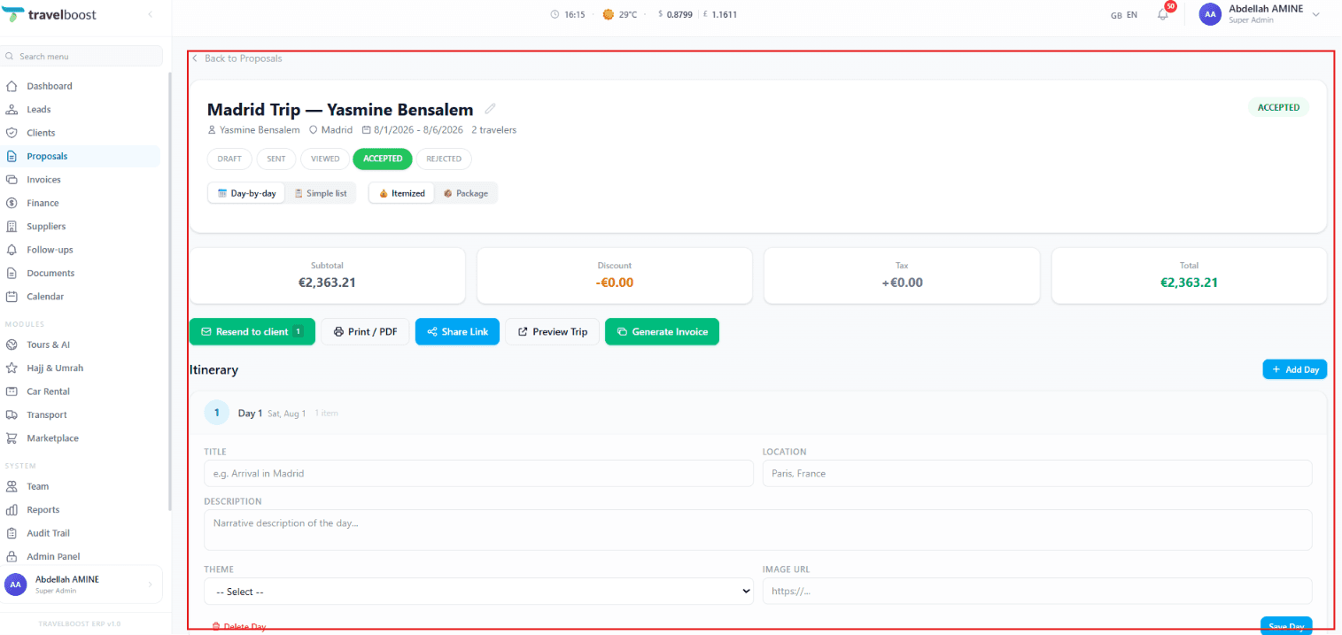 Proposal summary section with travel details, status, layout, pricing summary