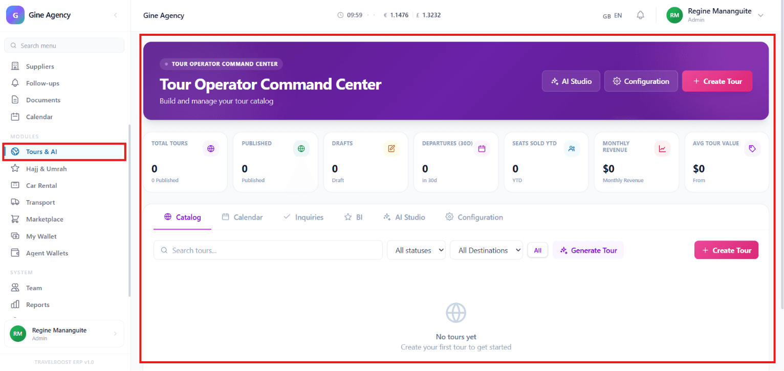 Tours & AI dashboard showing KPIs, catalog, and quick actions