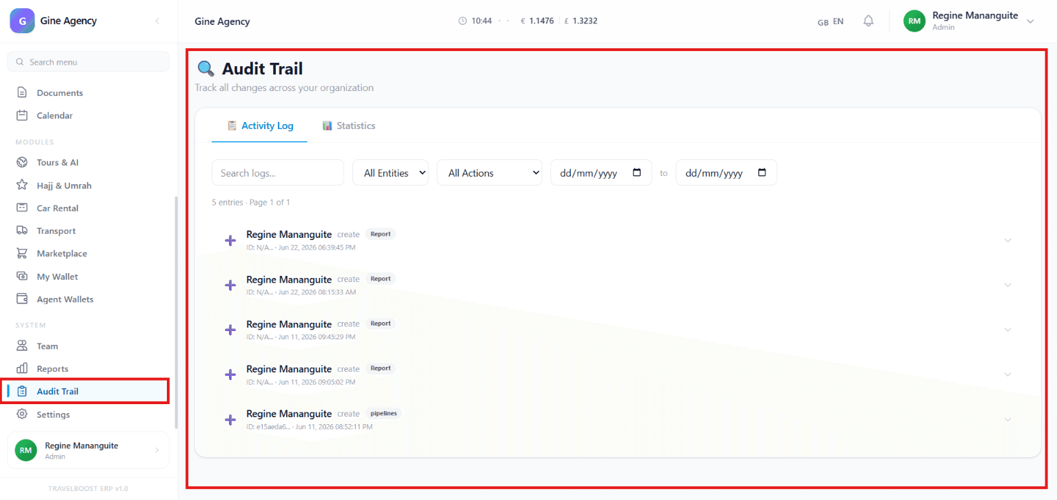 Audit Trail with activity log entries and filter controls