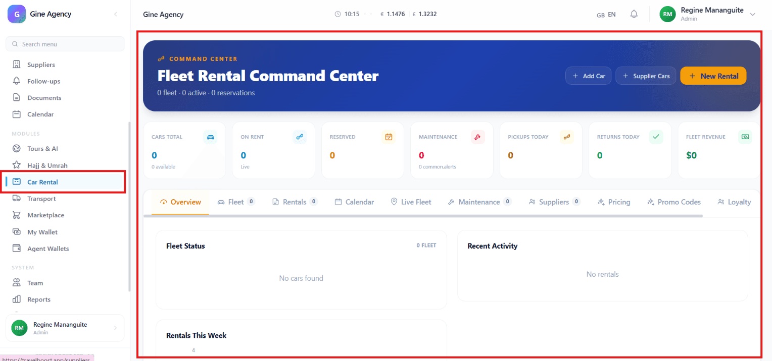 Car Rental dashboard with KPIs, fleet status, and quick actions