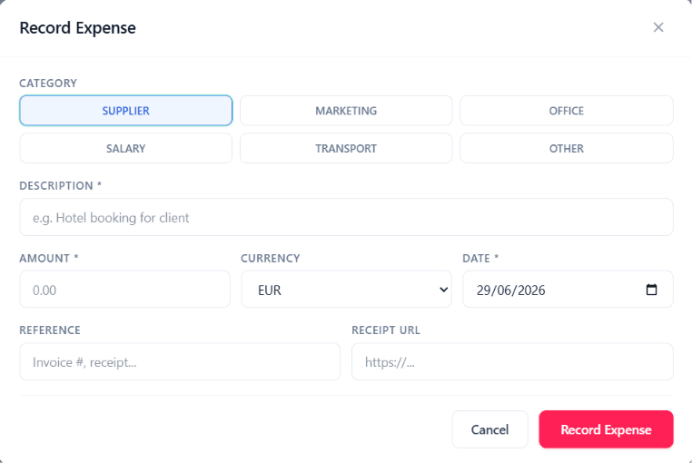 Record Expense modal with category, description, amount, currency, date