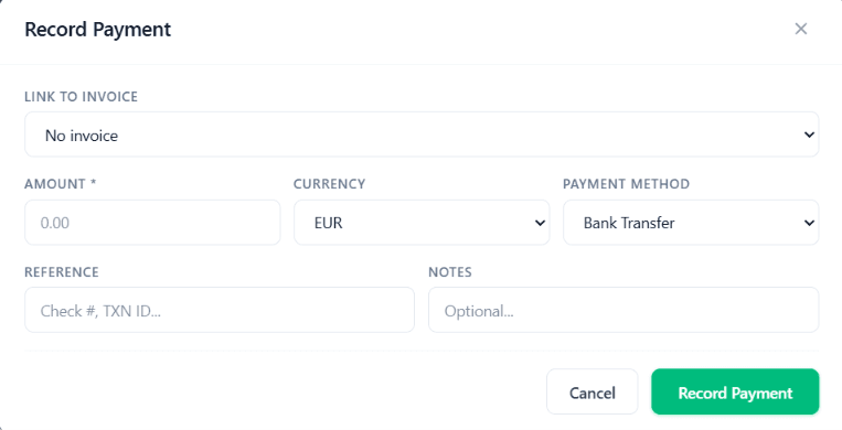 Record Payment modal with link to invoice, amount, method, reference
