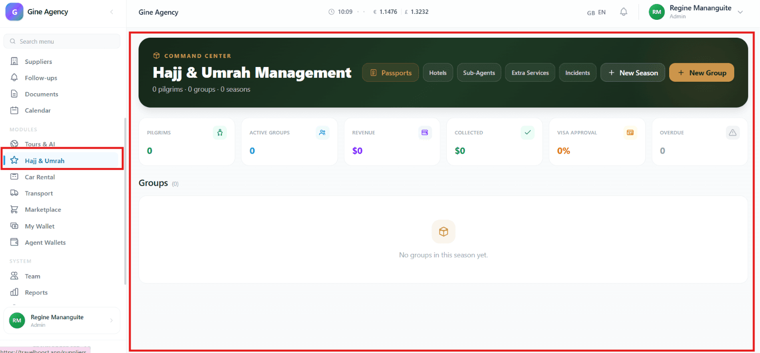 Hajj & Umrah dashboard with KPIs, groups, and quick actions