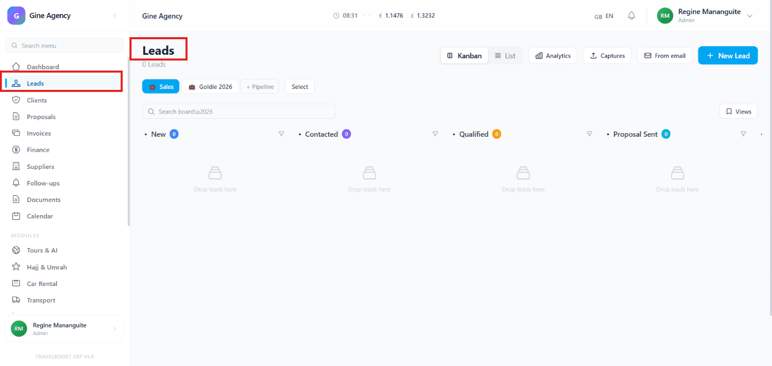 TravelBoost Leads module main view showing 52 leads and the kanban pipeline