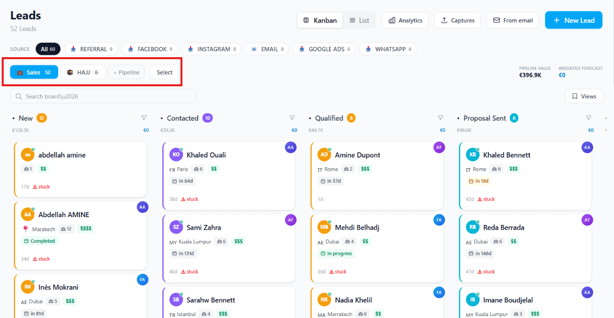 Multiple pipeline boards visible in TravelBoost — Sales and Hajj pipelines side-by-side