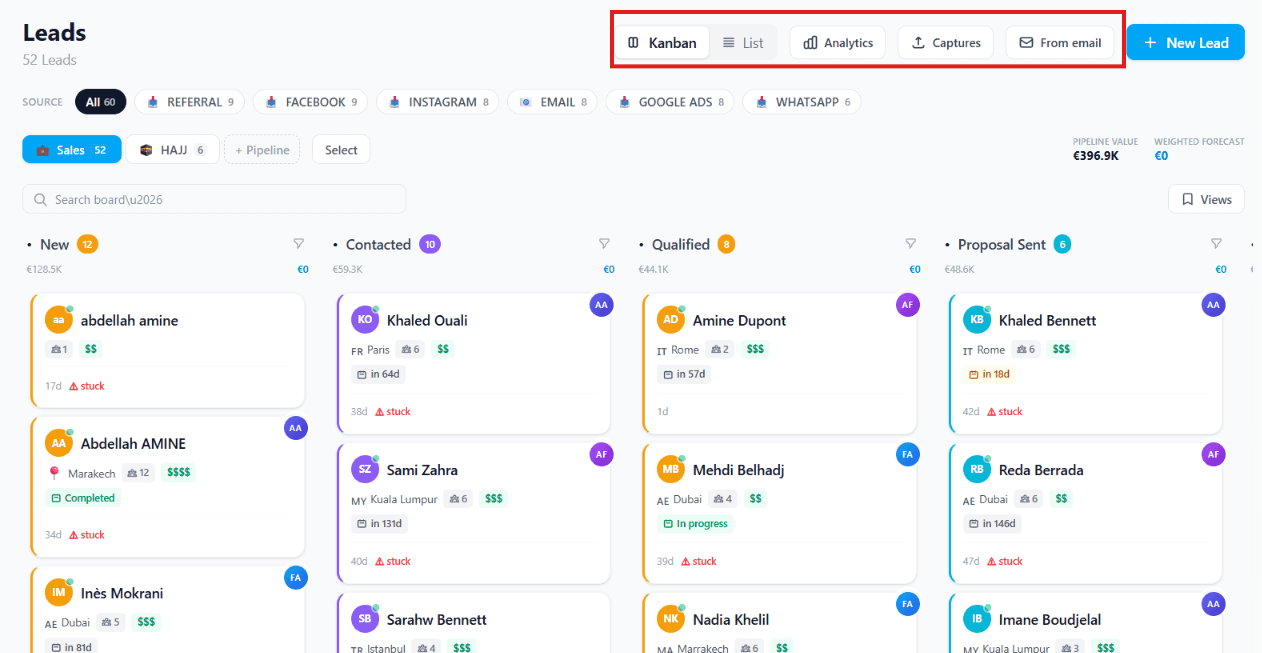 View options selector showing Kanban, List, Analytics, Captures, and From Email modes