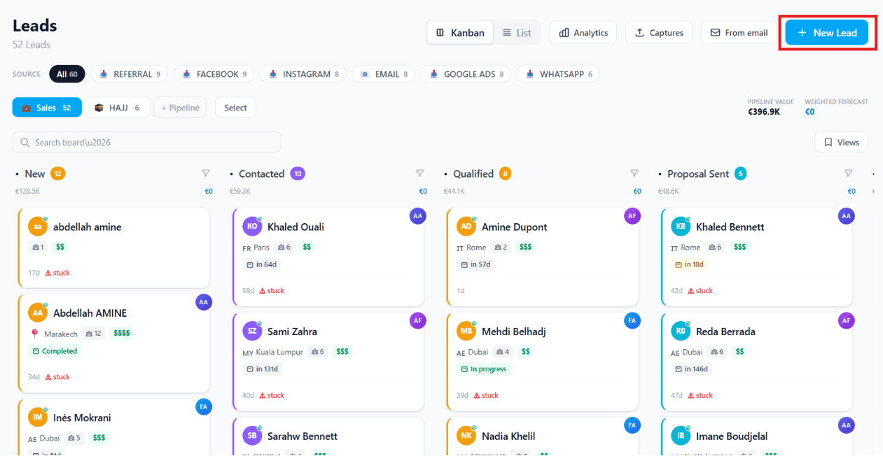 The + New Lead button and lead creation form