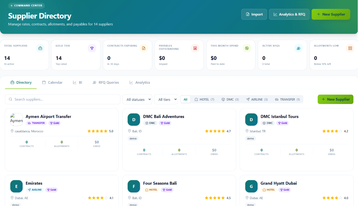 Suppliers dashboard with KPI cards and supplier directory