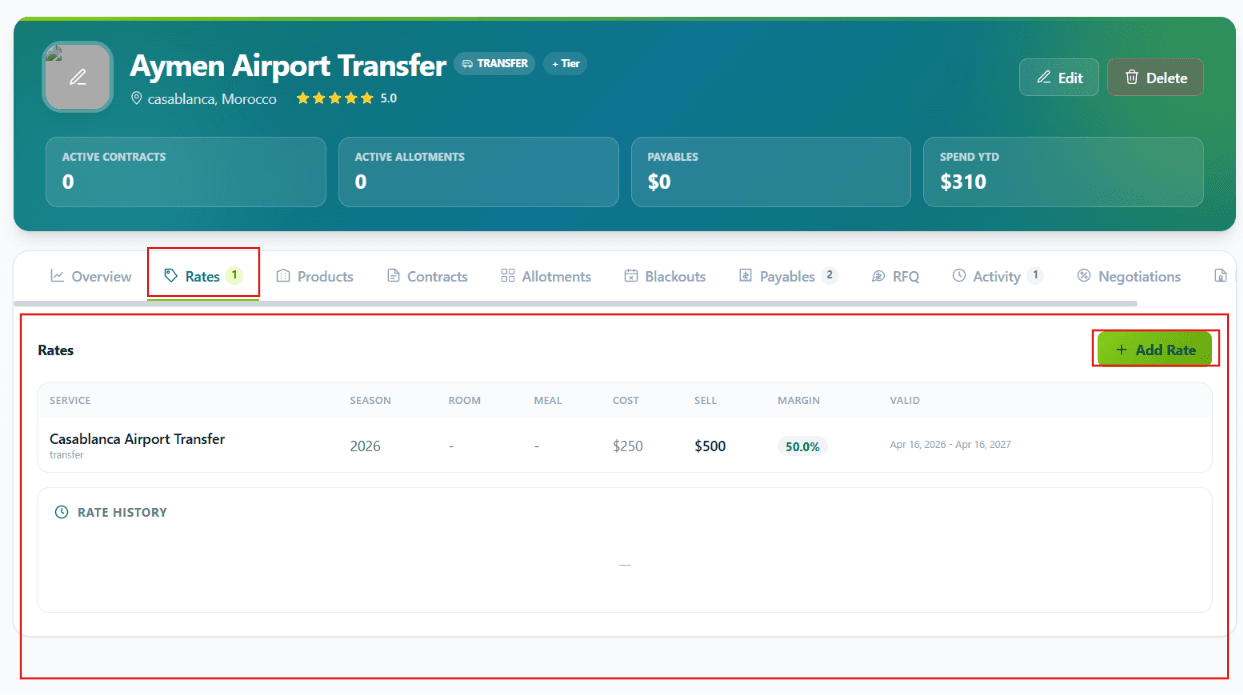Supplier rates tab showing pricing and rate plans
