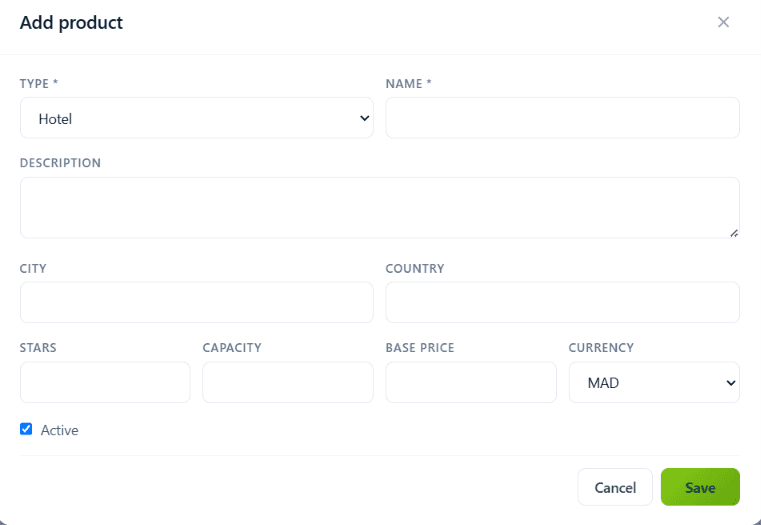 Add Product modal with type, name, description, location, capacity, pricing fields