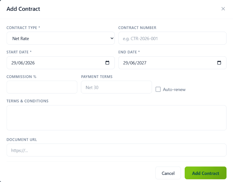 Add Contract modal with type, number, dates, commission, payment terms