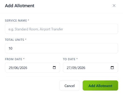 Add Allotment modal with service name, total units, from and to dates