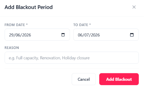 Add Blackout modal with from date, to date, reason