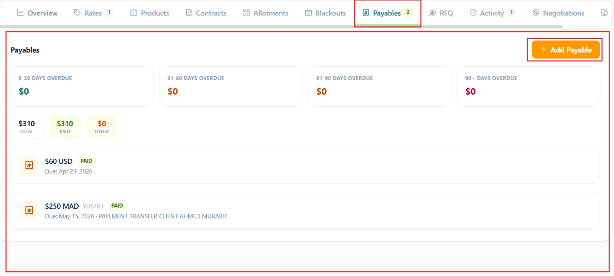 Add Payable modal with amount, currency, due date, reference