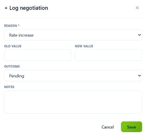 Log Negotiation modal with reason, old value, new value, outcome, notes