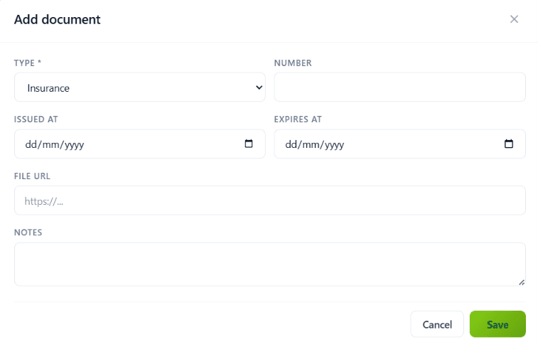 Add Document modal with type, number, issued at, expires at, file URL