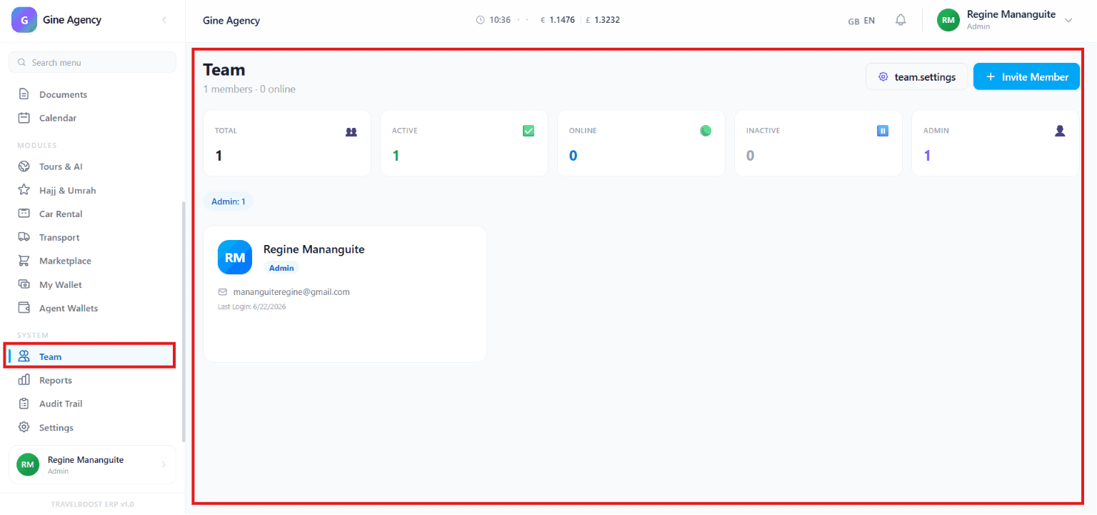 Team dashboard showing member counts, status filters, and team member cards