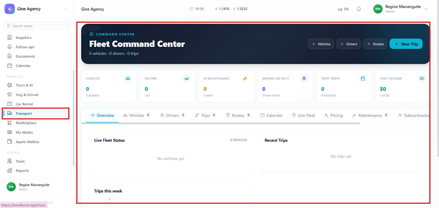Transport dashboard with fleet status, driver count, and trips today