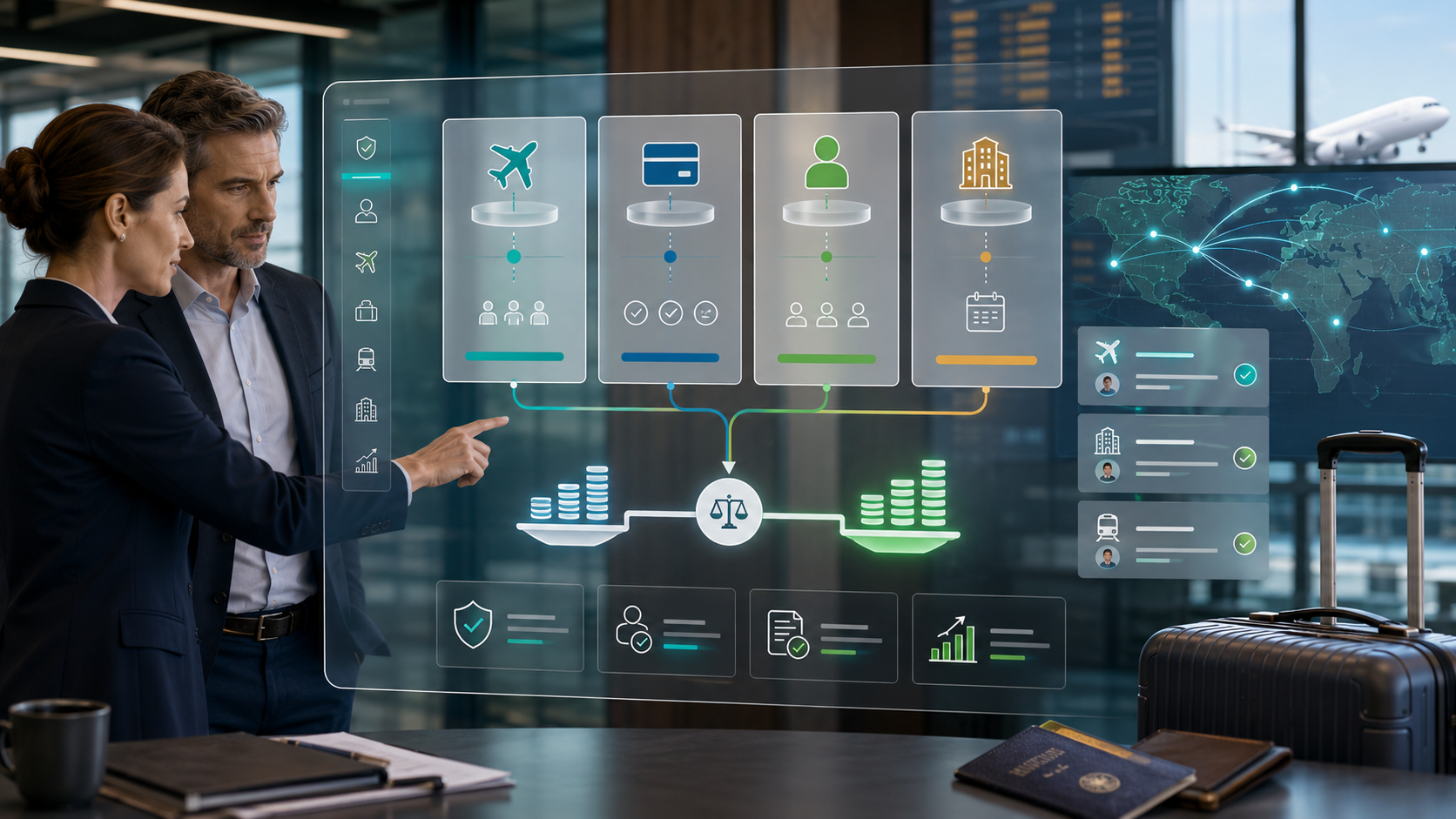 company travel management software dashboard showing booking policy compliance and expense integration for corporate travel programmes in 2026
