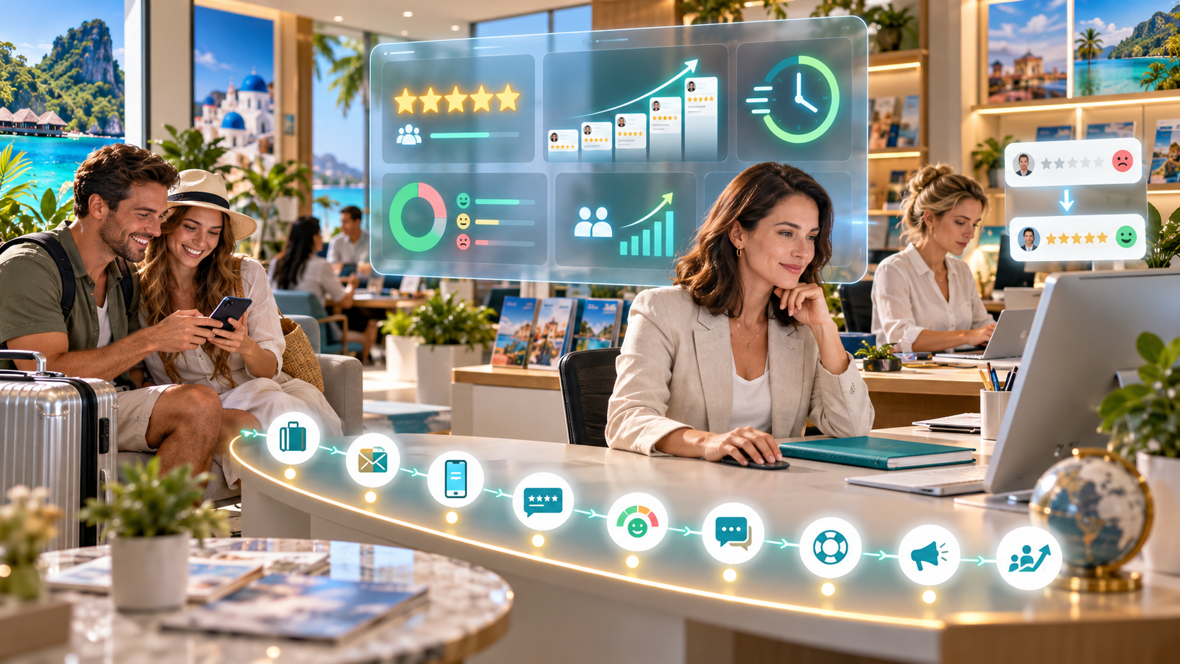 travel agency reviews dashboard showing star rating, review velocity and response time