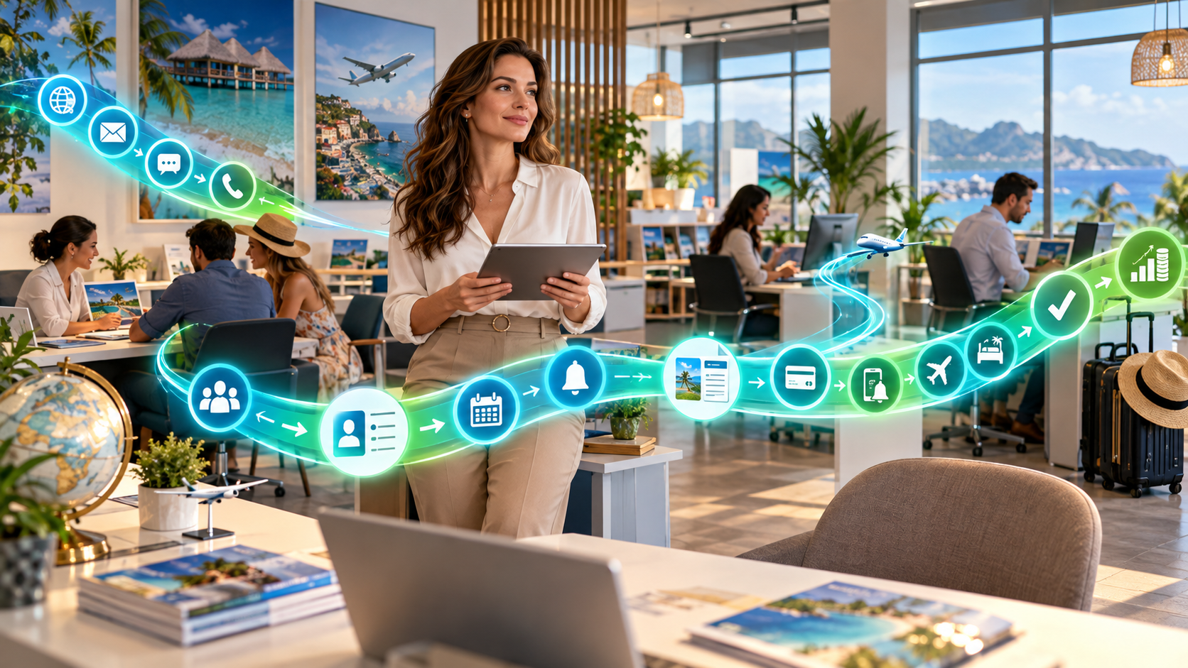 travel agency automation workflow showing lead capture, follow-up, payment reminders and commission tracking